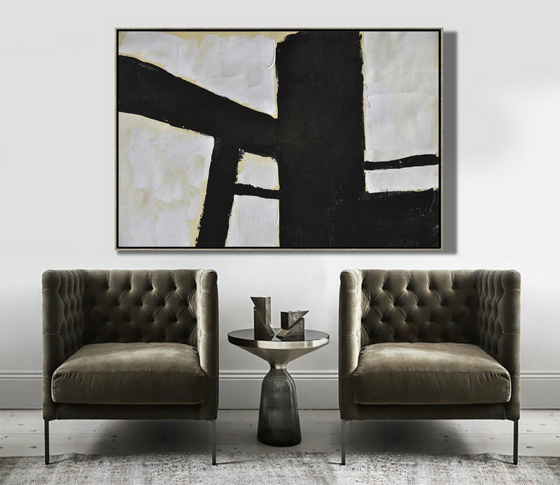 Abstract Art Decor Large Canvas Painting,Horizontal Palette Knife Minimal Canvas Art Painting Black White Beige - Canvas Wall Art Home Decor